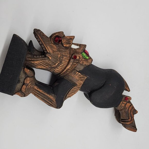Vintage Hand Carved Wooden Dragon Figure With Colorful Gem Eyes & Accents Boho - Picture 8 of 10